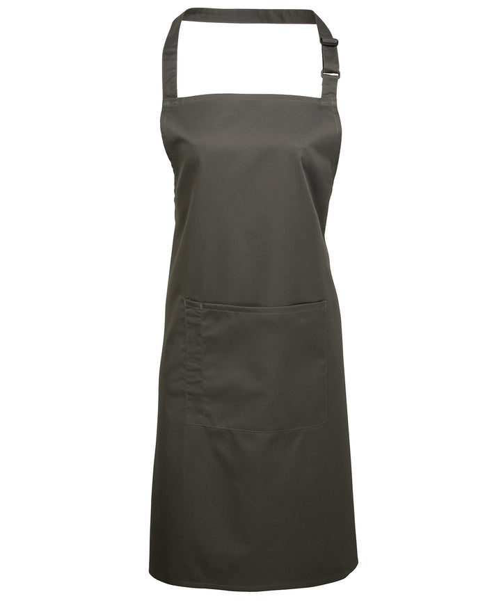 a gray apron with a black strap