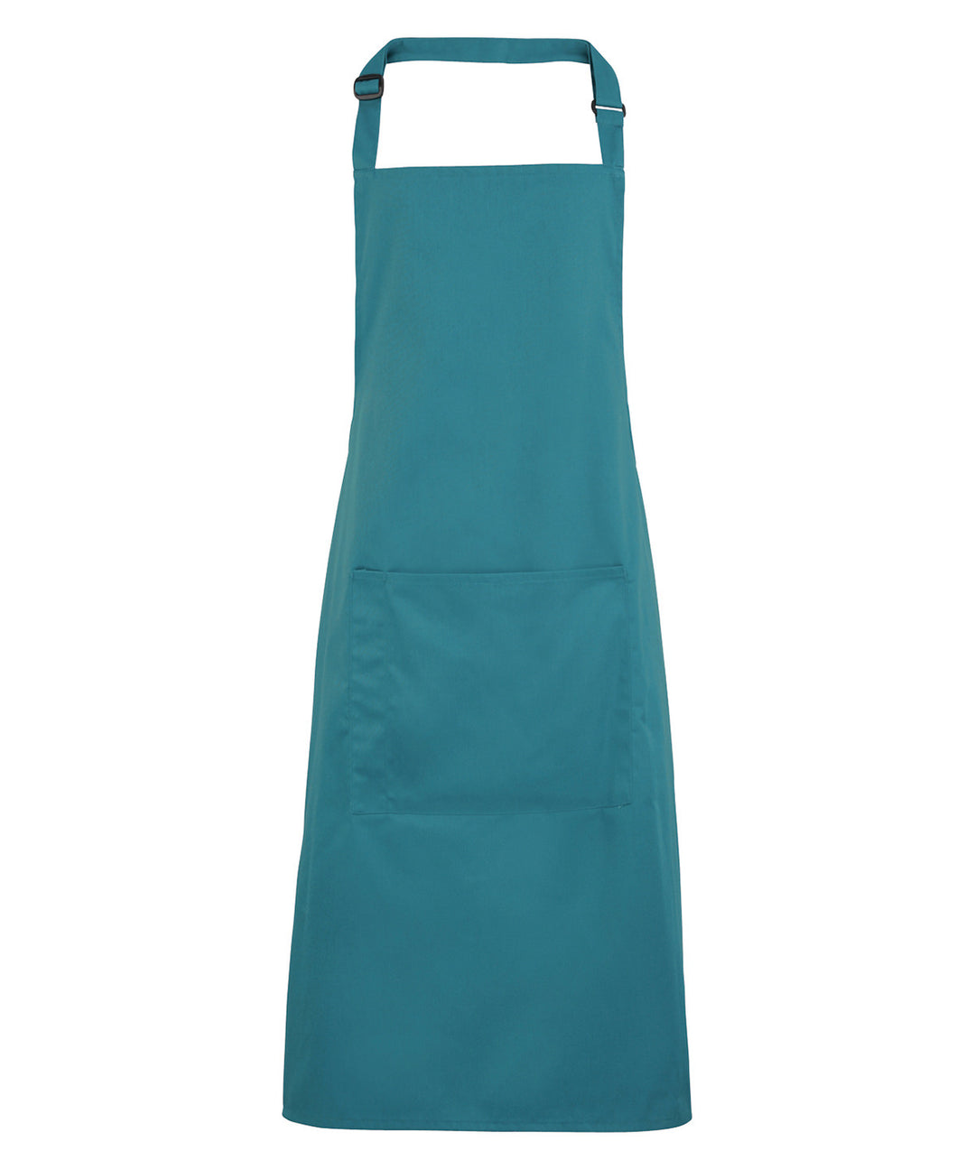 a teal colored apron with a white background